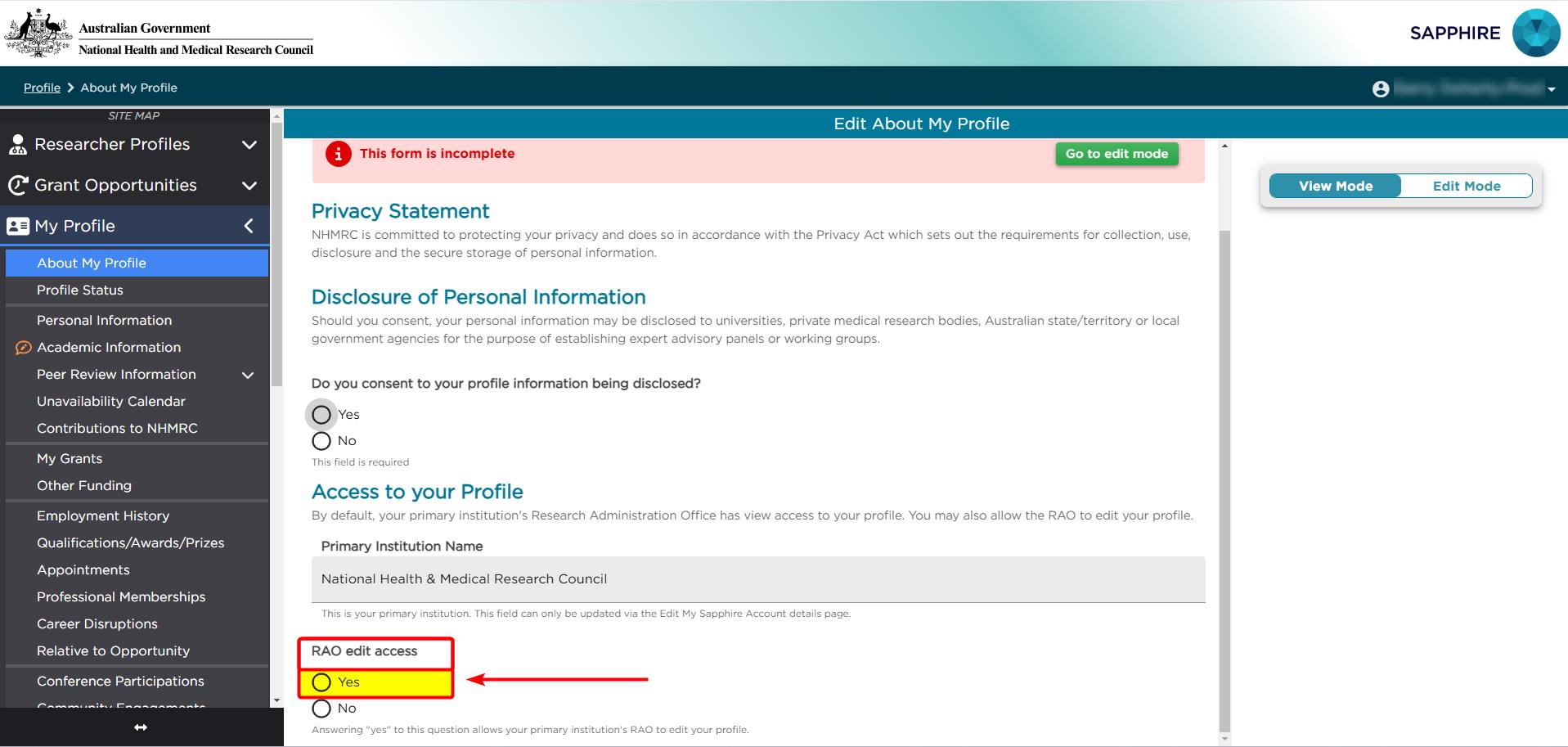 A users About My Profile page, highlighting RAO Edit Access field.